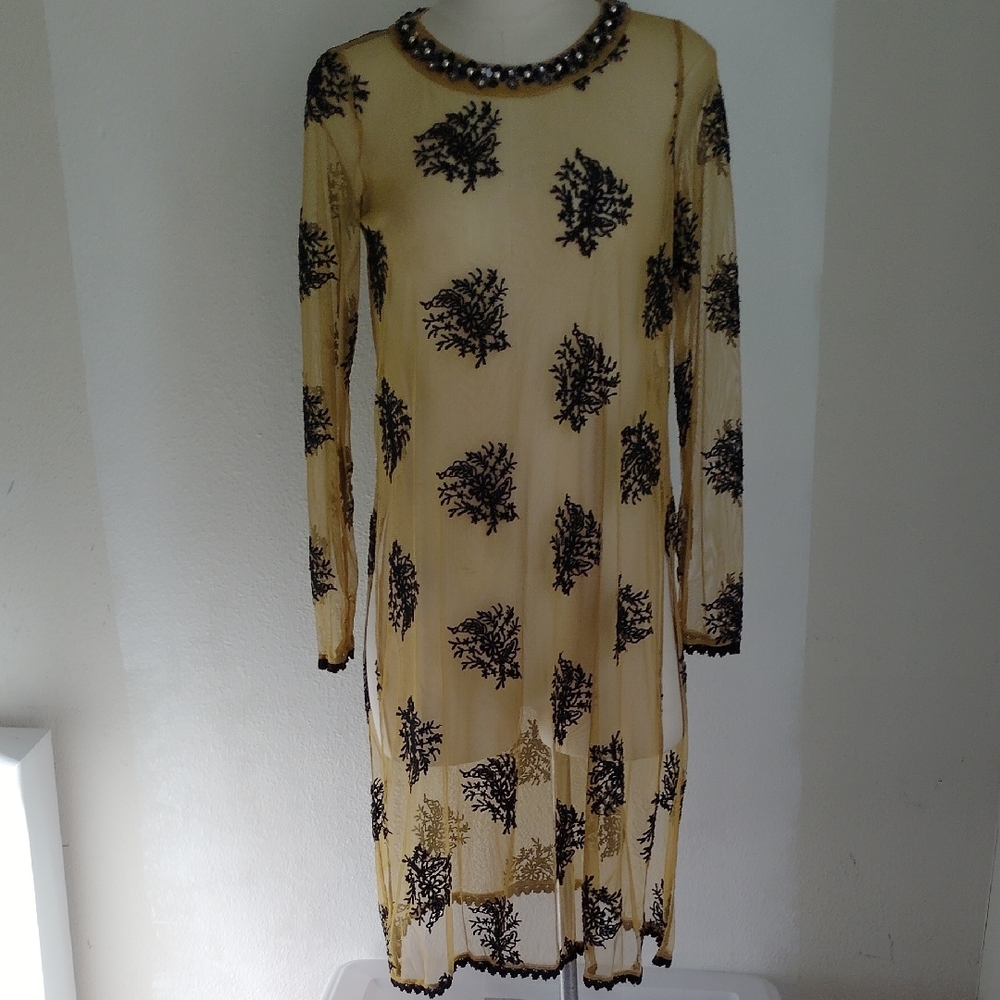 Zara Womens Sheer Mesh Midi Dress Sz S Yellow Gold Black Floral Embroidery Goth